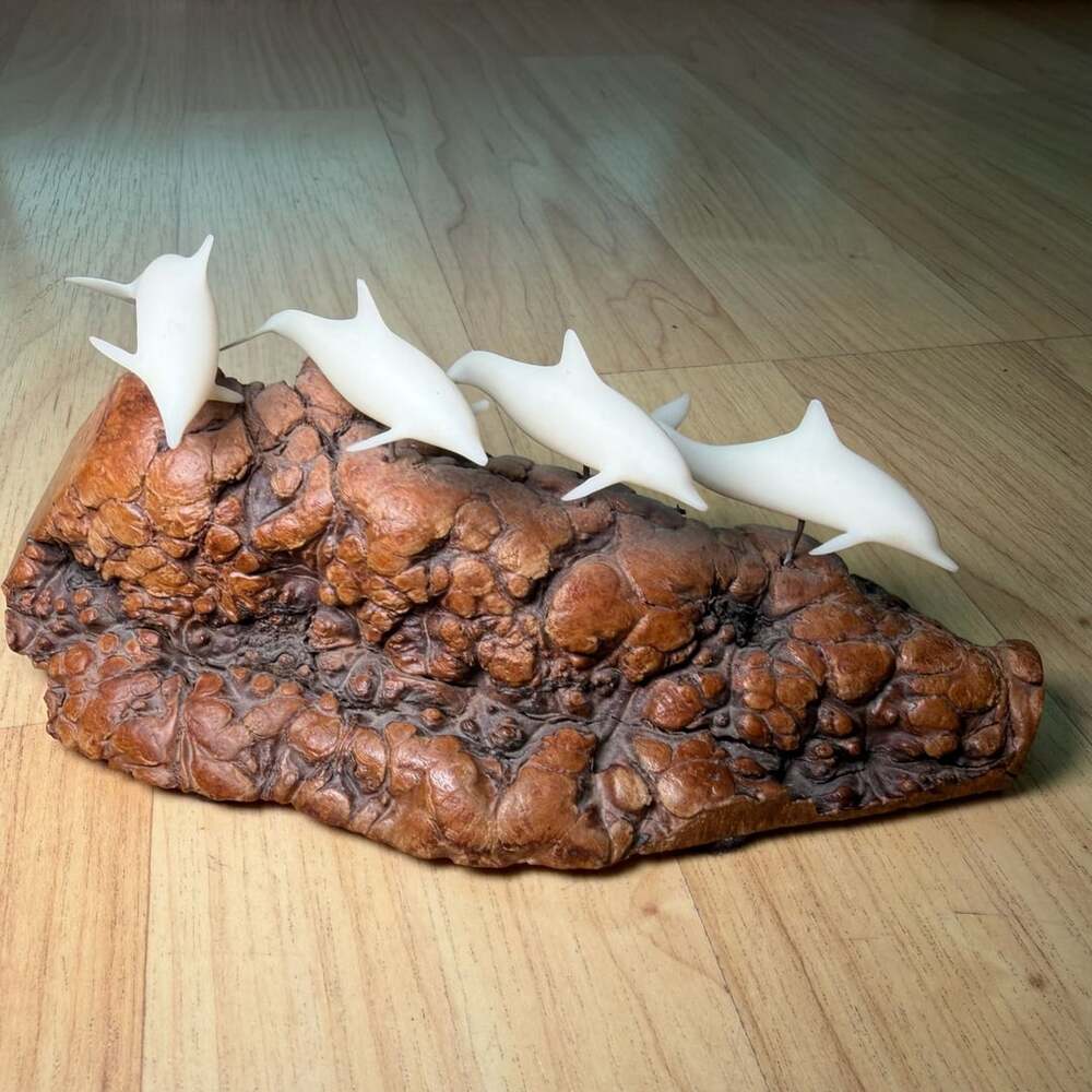 Vintage John Perry 4 Dolphin Pod Sculpture on Burled Wood Base Artist Signed